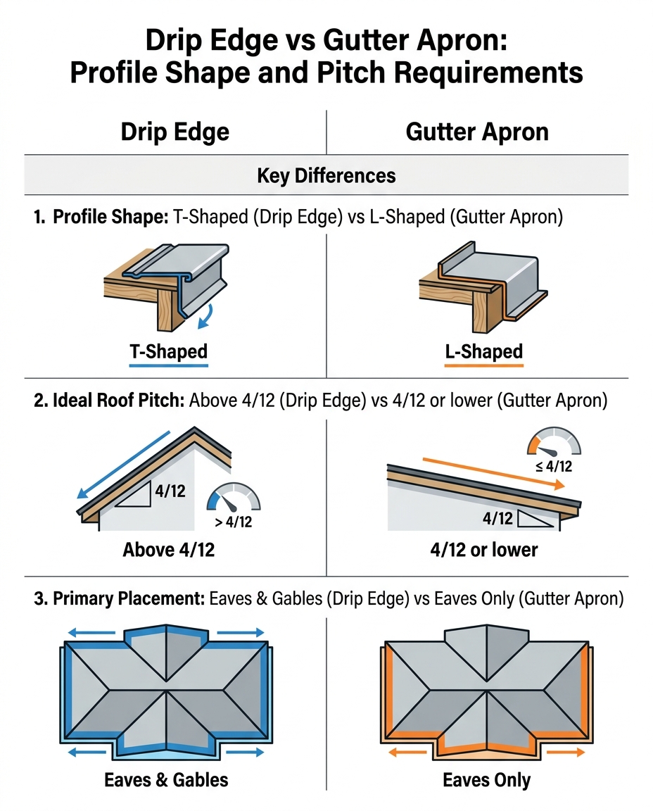 Drip Edge vs Gutter Apron: Profile Shape and Pitch Requirements