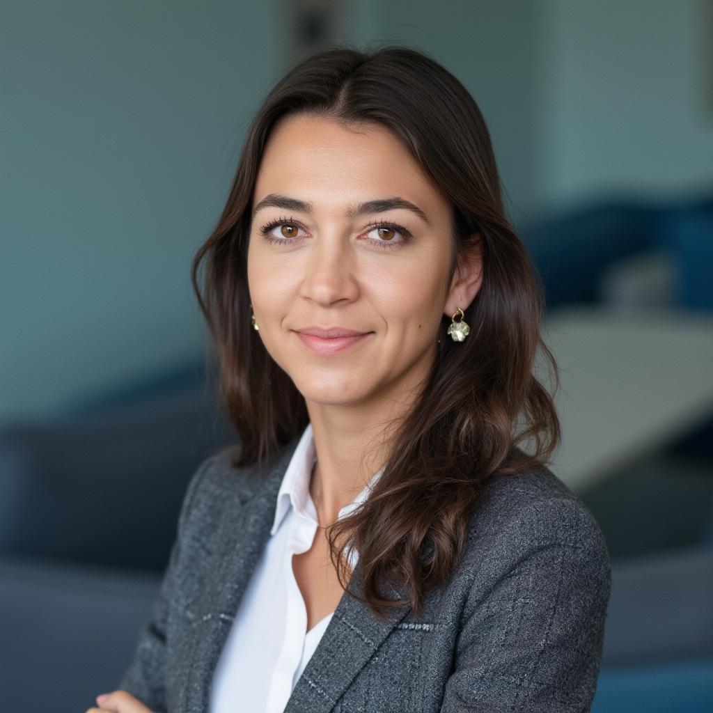 Portrait d'une femme souriante aux cheveux bruns, portant un blazer gris et une chemise blanche, avec des boucles d'oreilles pendantes.