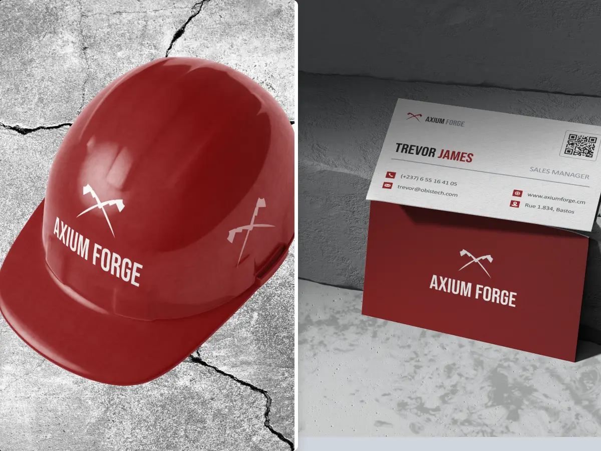 Déploiement de l'identité de marque sur les équipements de sécurité (casques) et la papeterie sur chantier.