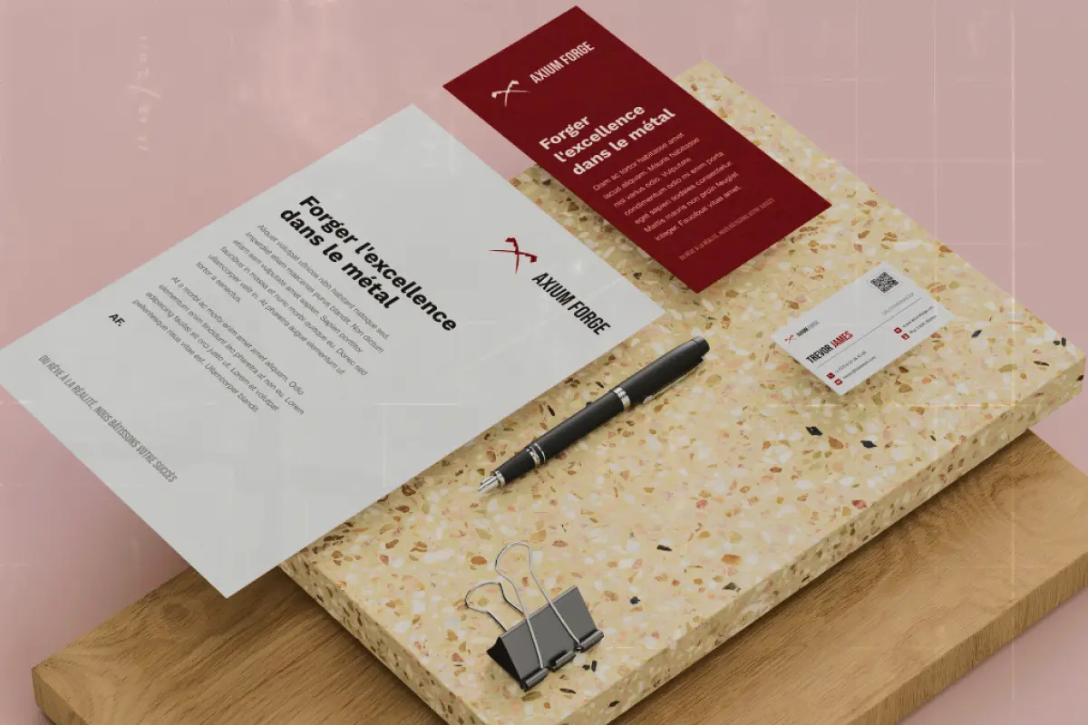 Zoom sur les détails de la papeterie d'Axium Forge et des badges d'employés.