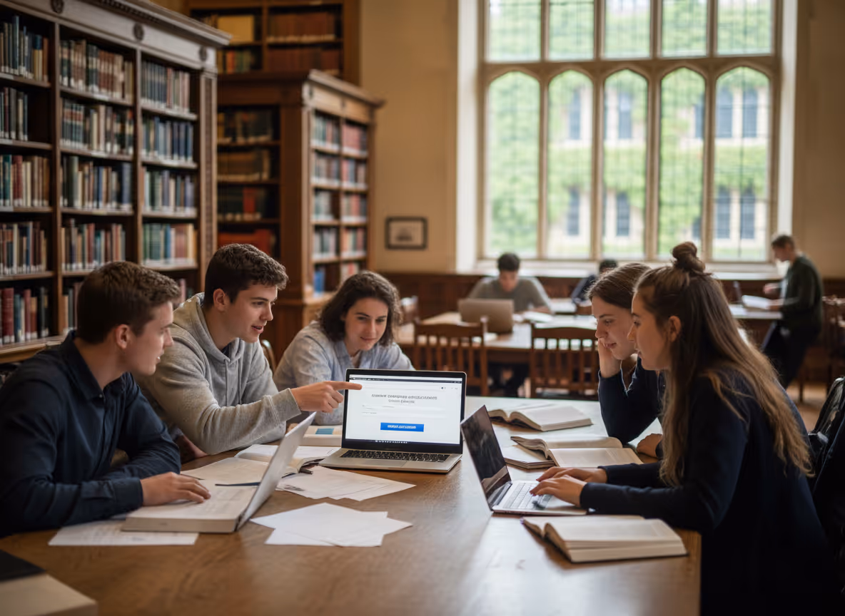 Five students studying together at a table with laptops and open books in a library with tall bookshelves and large windows.