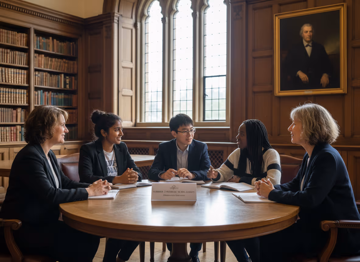Five diverse people in business attire sitting around a round table in a wood-paneled room with bookshelves and large windows, engaged in discussion.