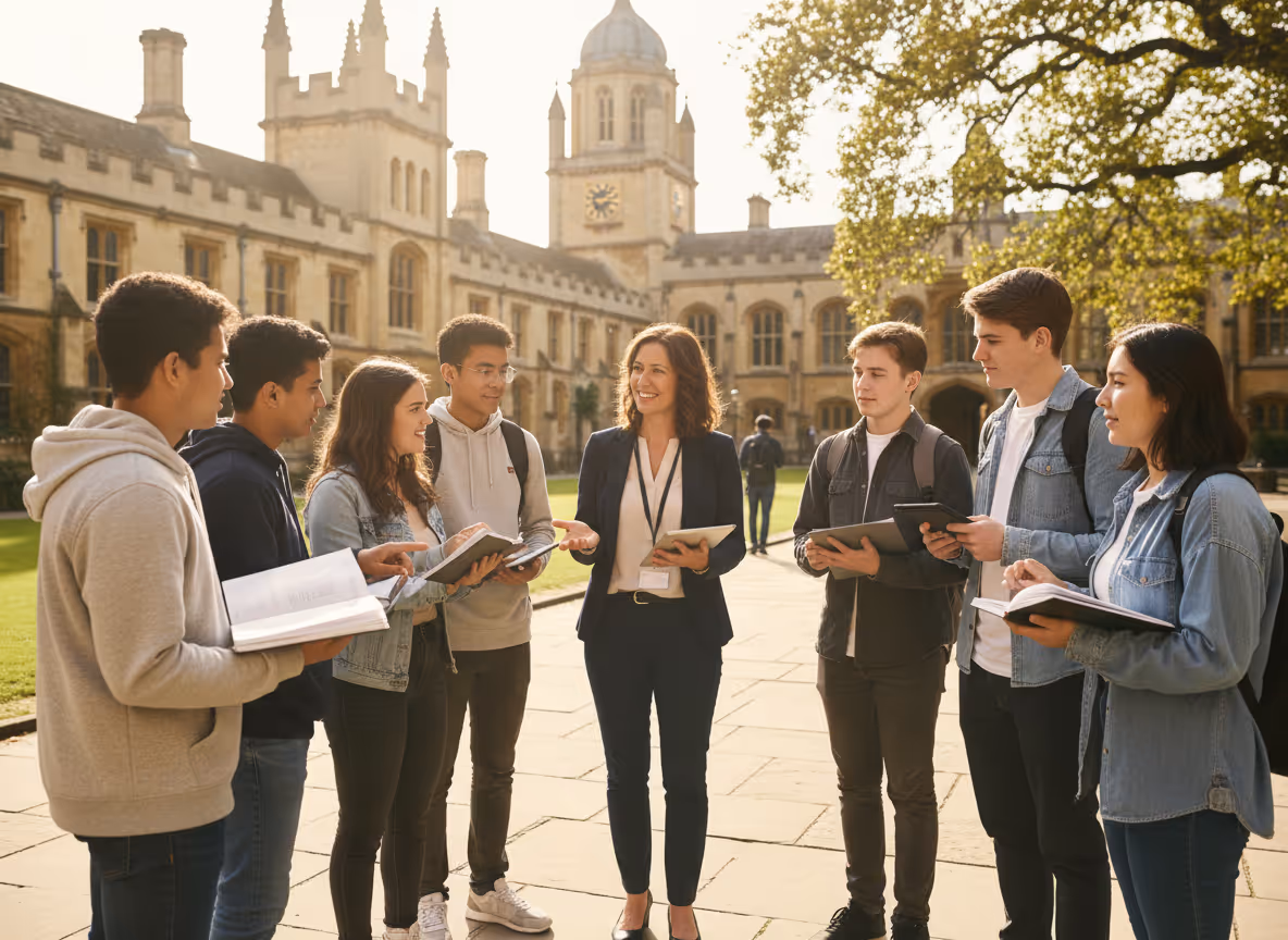 Group of diverse students standing outdoors in a university courtyard listening to a female professor discussing with tablets and books.