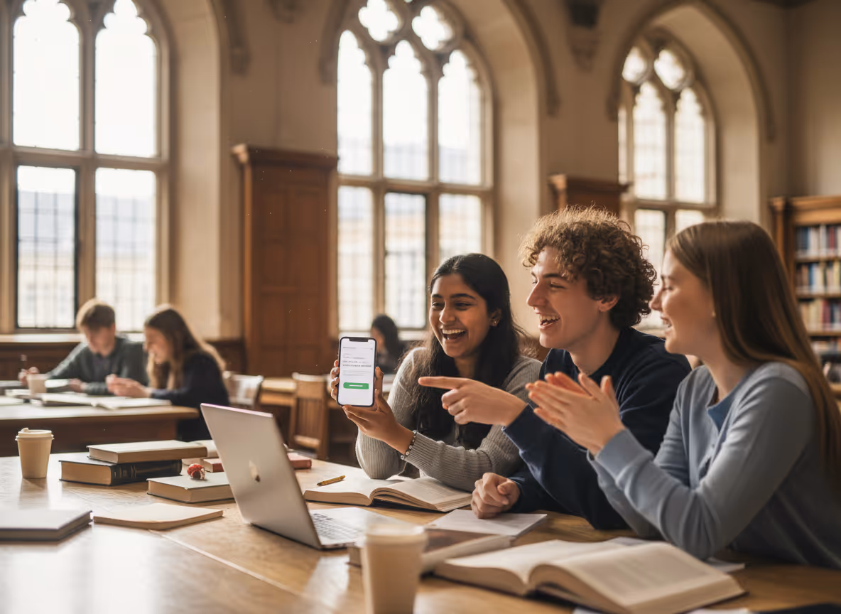 Three students in a library smiling and looking at a phone while sitting at a table with open books and a laptop.