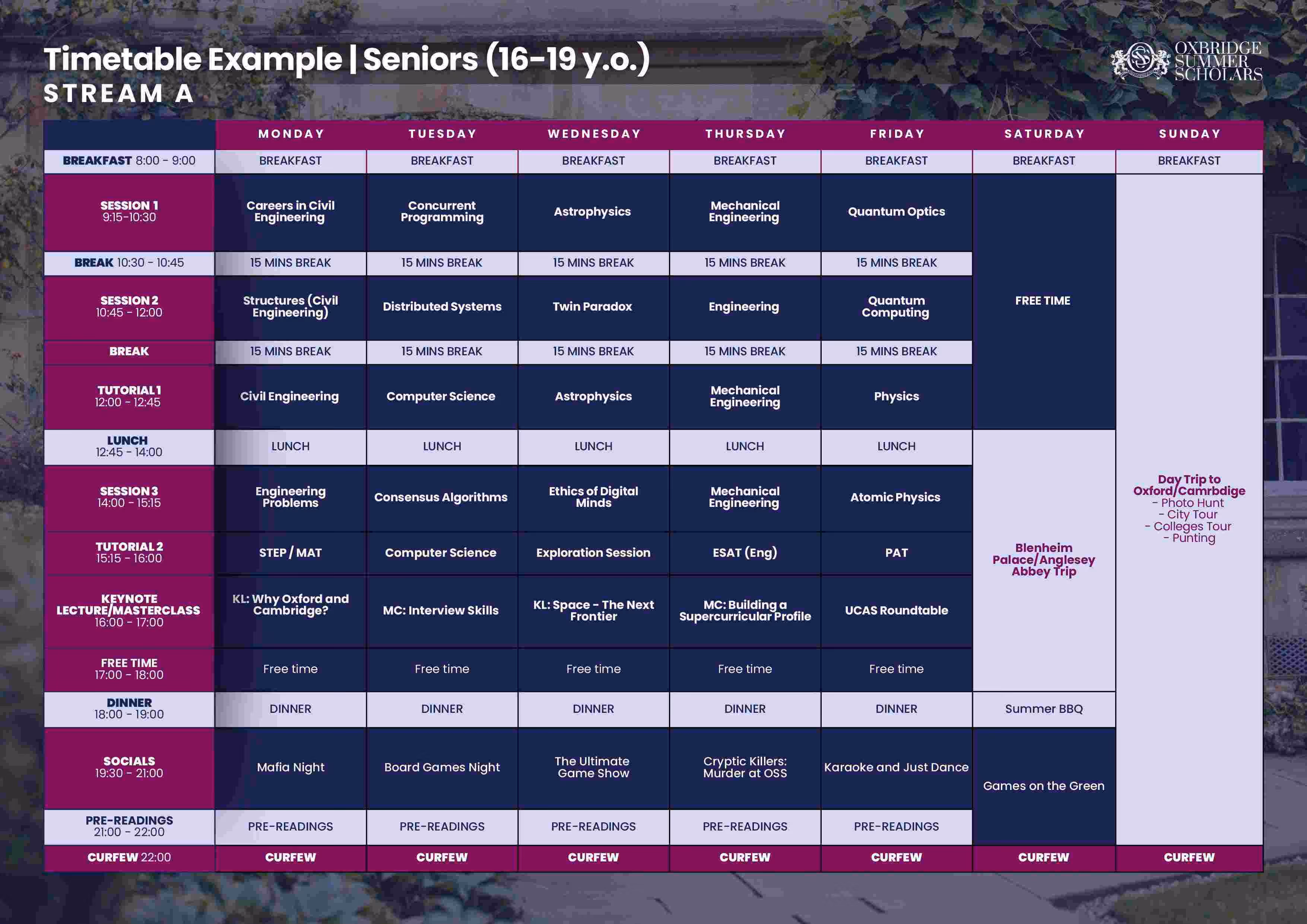 Weekly timetable for Seniors aged 16-19, Stream A, detailing daily sessions on engineering, programming, physics, and tutorials from Monday to Sunday, including breaks, lunch, dinner, socials, and curfew times.