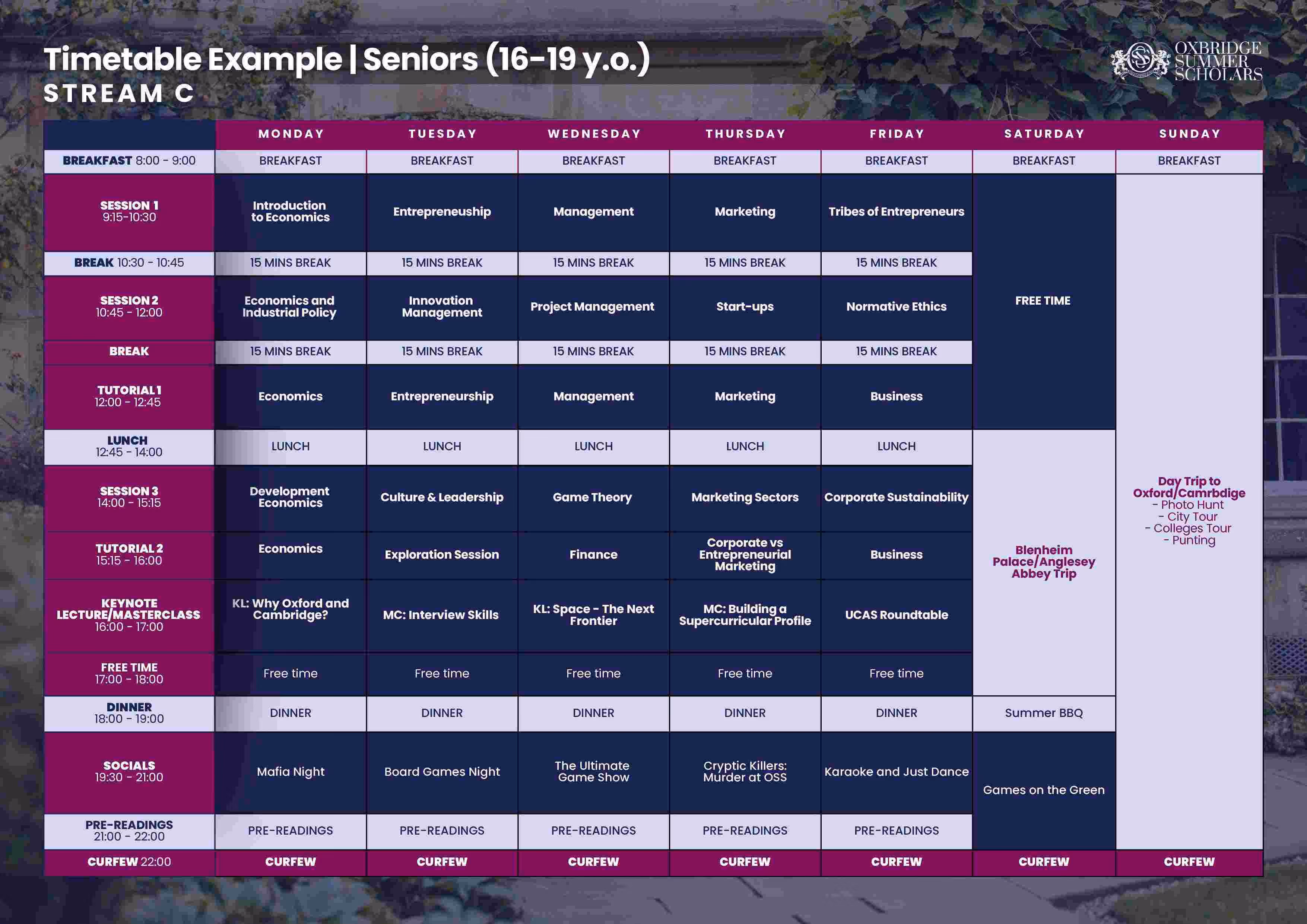 Weekly timetable for seniors aged 16-19, Stream C, detailing daily breakfast, sessions on economics, entrepreneurship, management, marketing, business, free time activities, and curfew at 22:00.