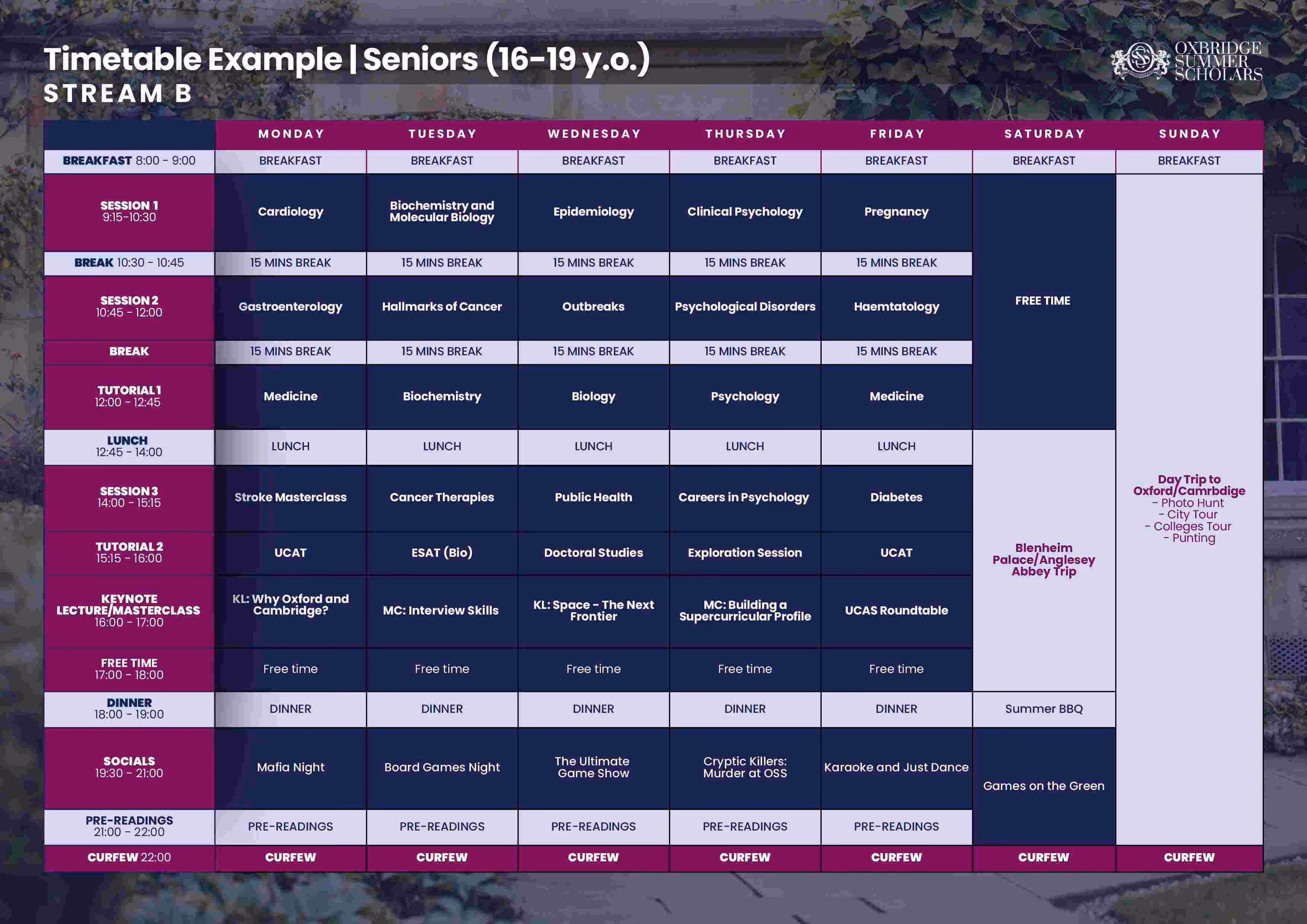 Weekly timetable for Seniors aged 16-19 in Stream B showing schedules from Monday to Sunday, including breakfast, study sessions, breaks, tutorials, lunch, social events, and curfew at 22:00 with a day trip on Sunday and free time on Saturday.