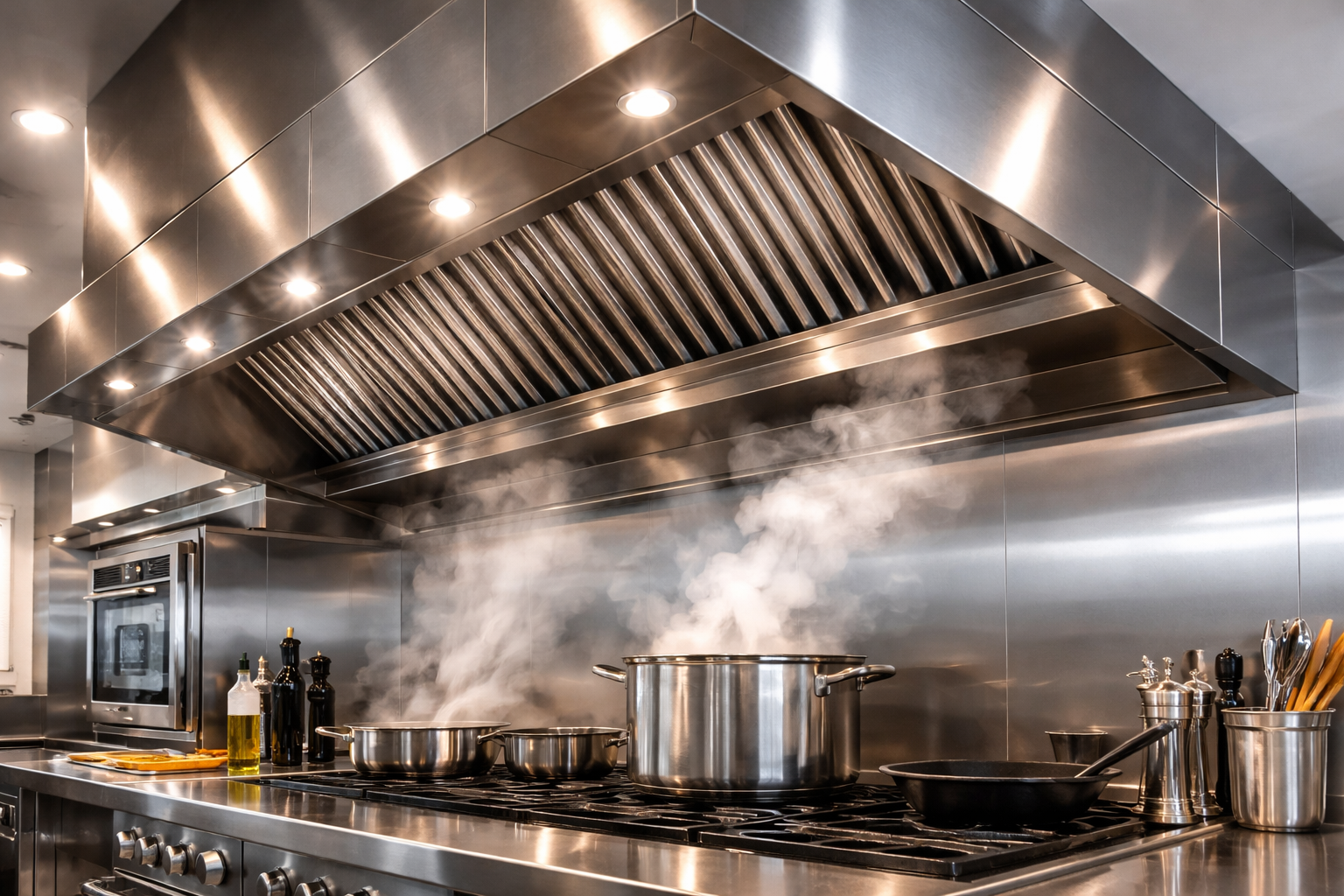 Stainless steel commercial kitchen exhaust hood system in operation