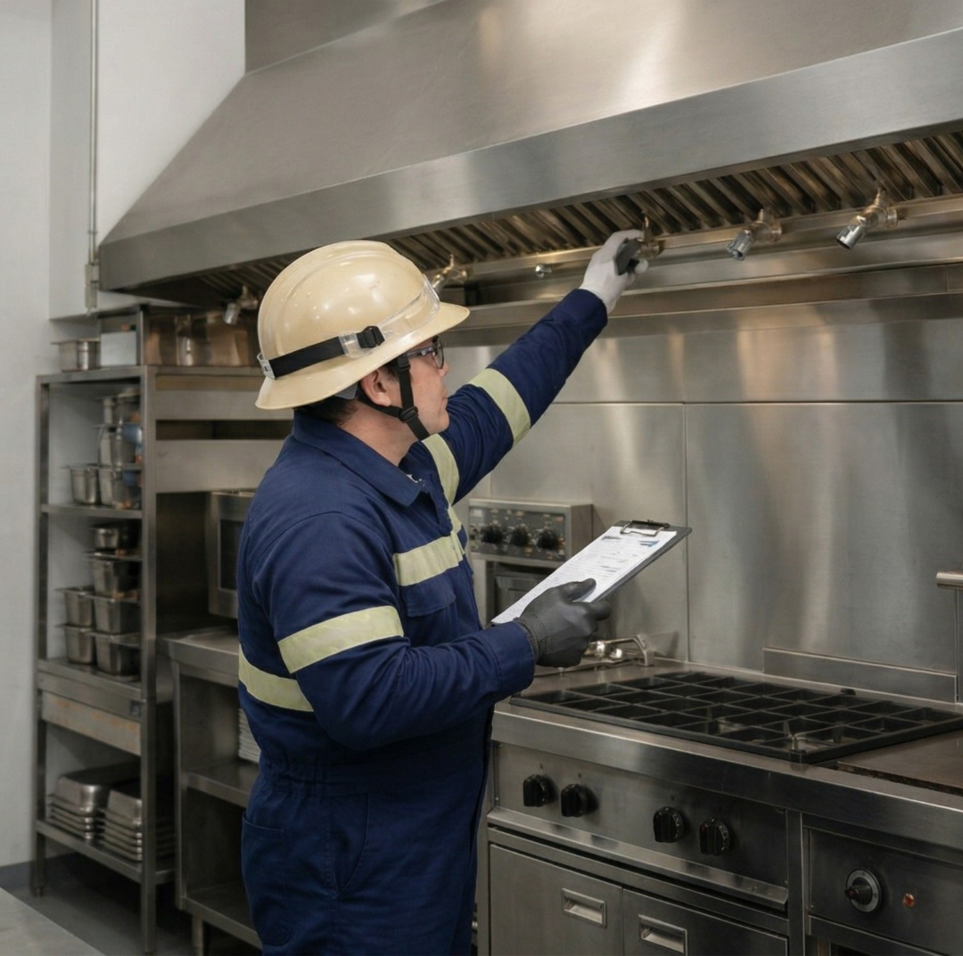 Technician inspecting a commercial kitchen hood and fire suppression system