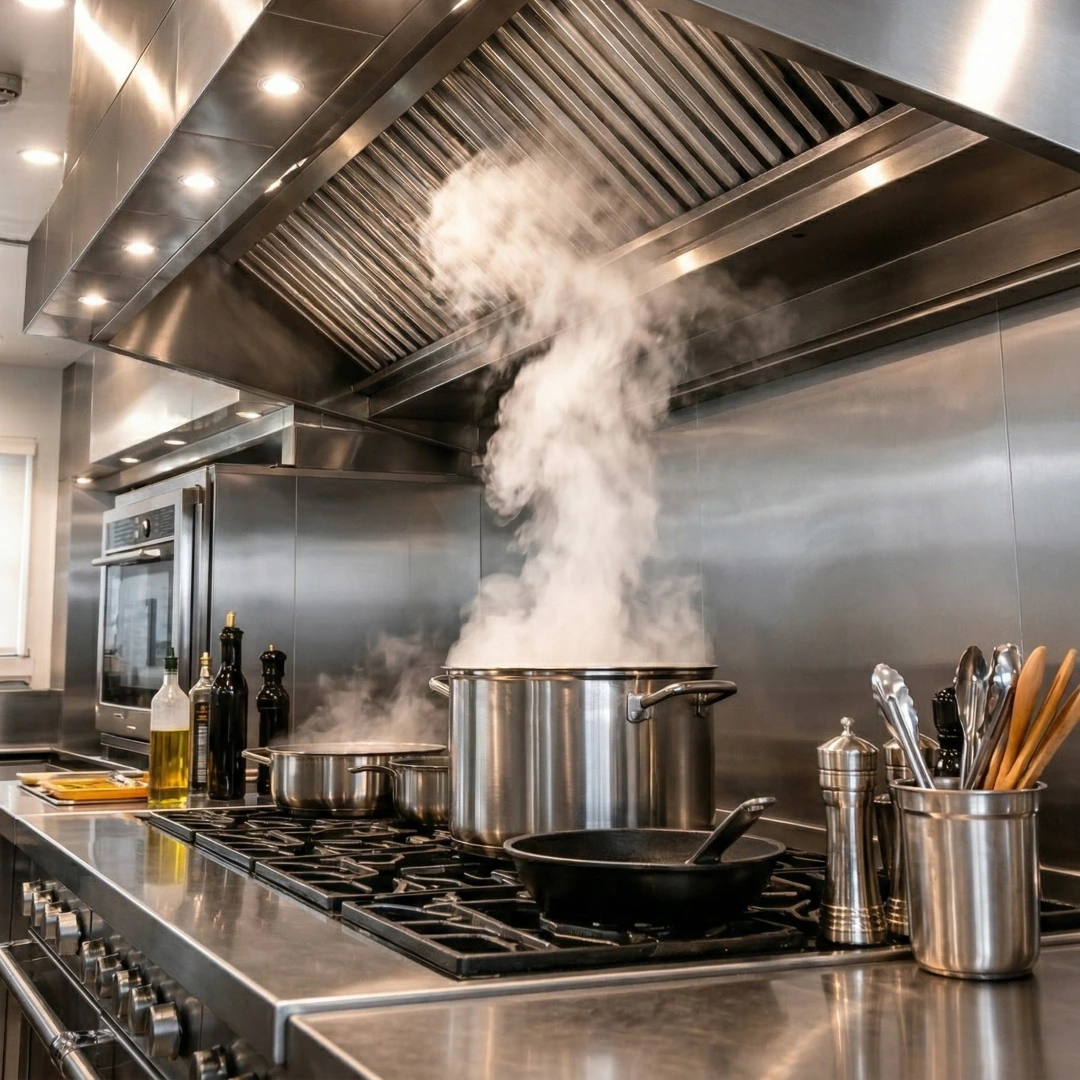 Stainless steel commercial kitchen hood ventilating steam from cooking pots