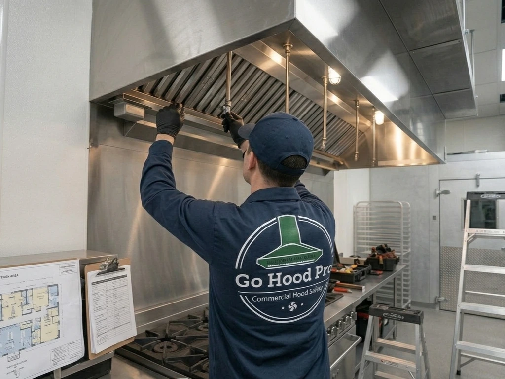 Technician inspecting a commercial kitchen hood and fire suppression system