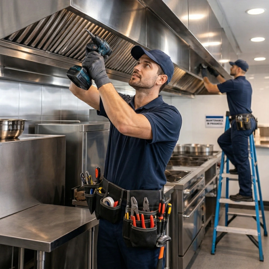 Go Hood Pro technicians installing a commercial kitchen exhaust hood
