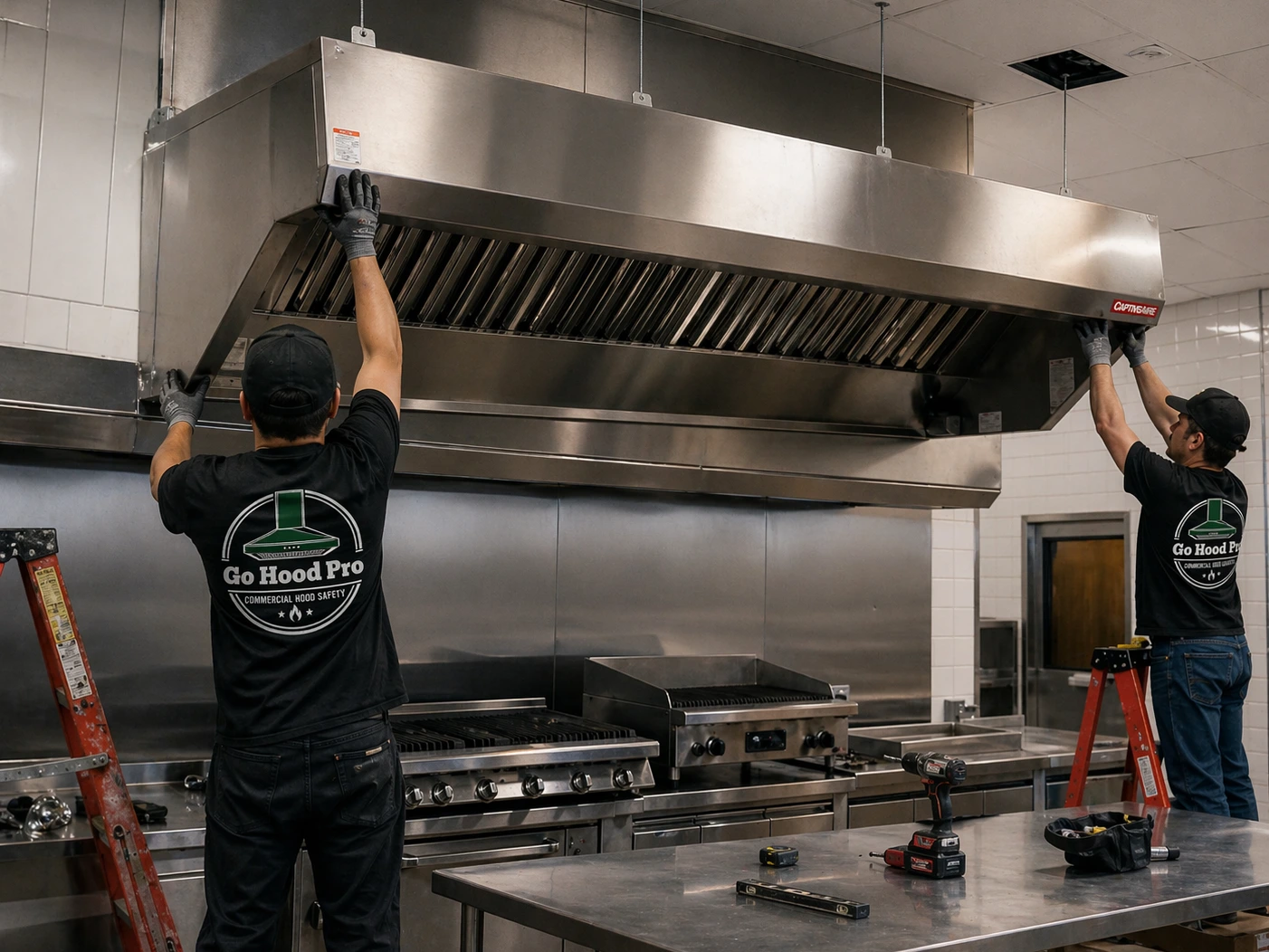 Two Go Hood Pro technicians installing a commercial kitchen exhaust hood