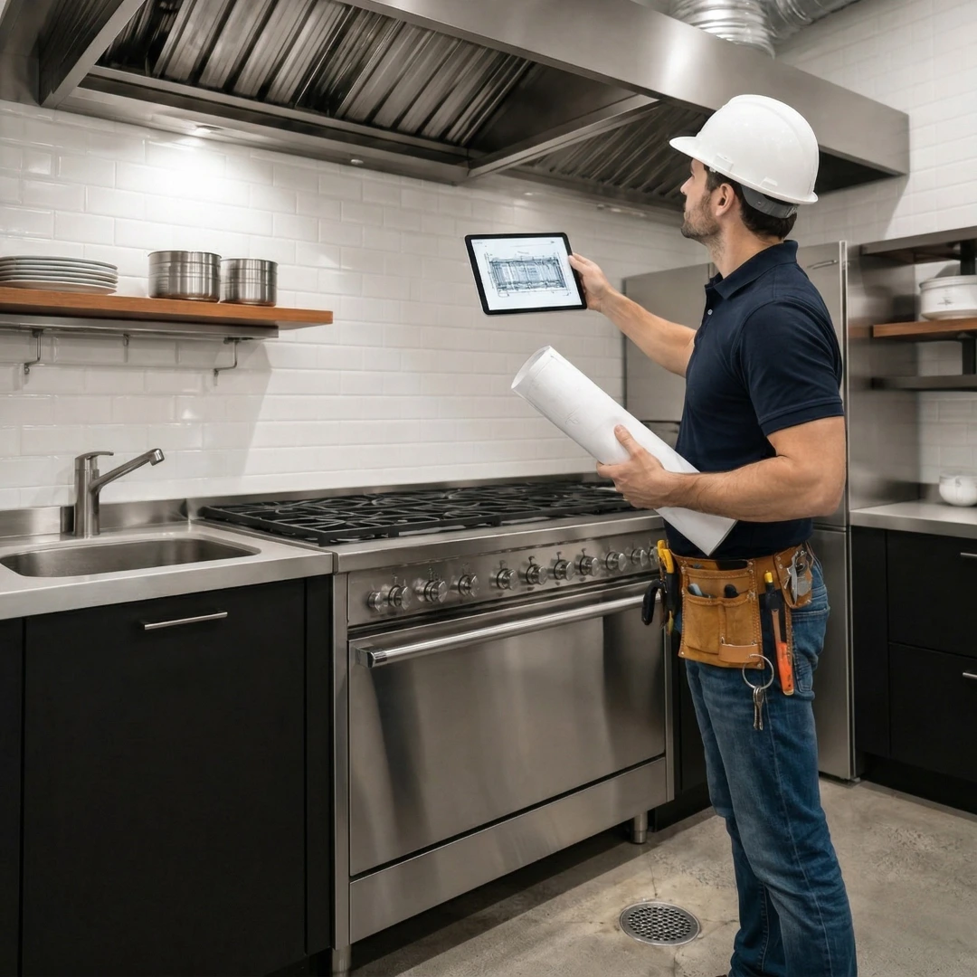 Technician reviewing commercial kitchen hood installation plans on a tablet