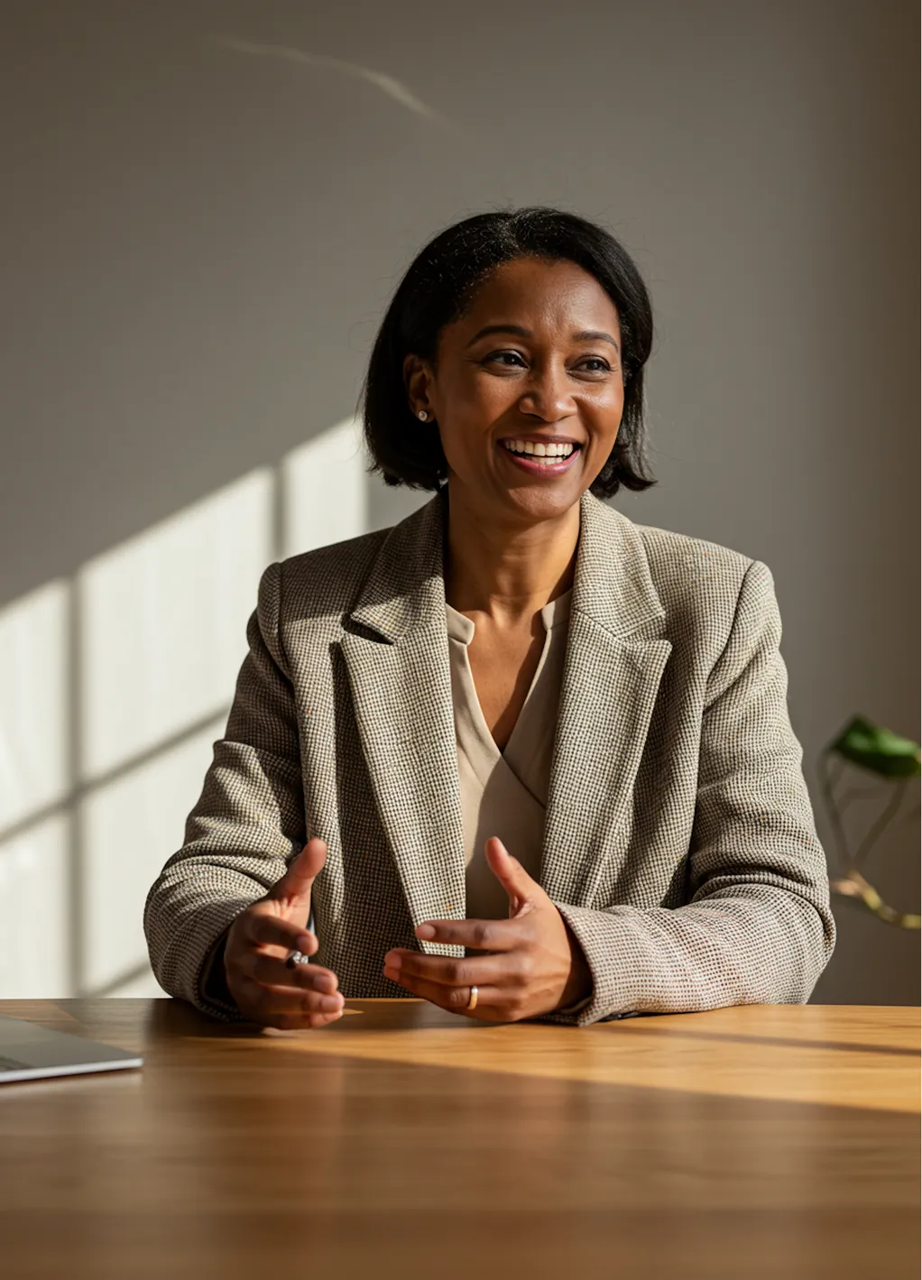 Smiling woman sitting at a desk in warm sunlight, used as hero image for homepage.