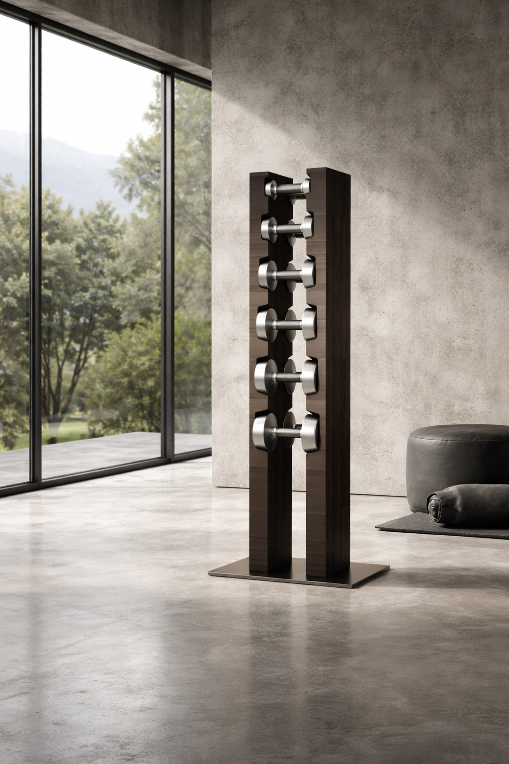 Designer Hantel im Set mit exklusivem Hantelturm aus dunkler Eiche 