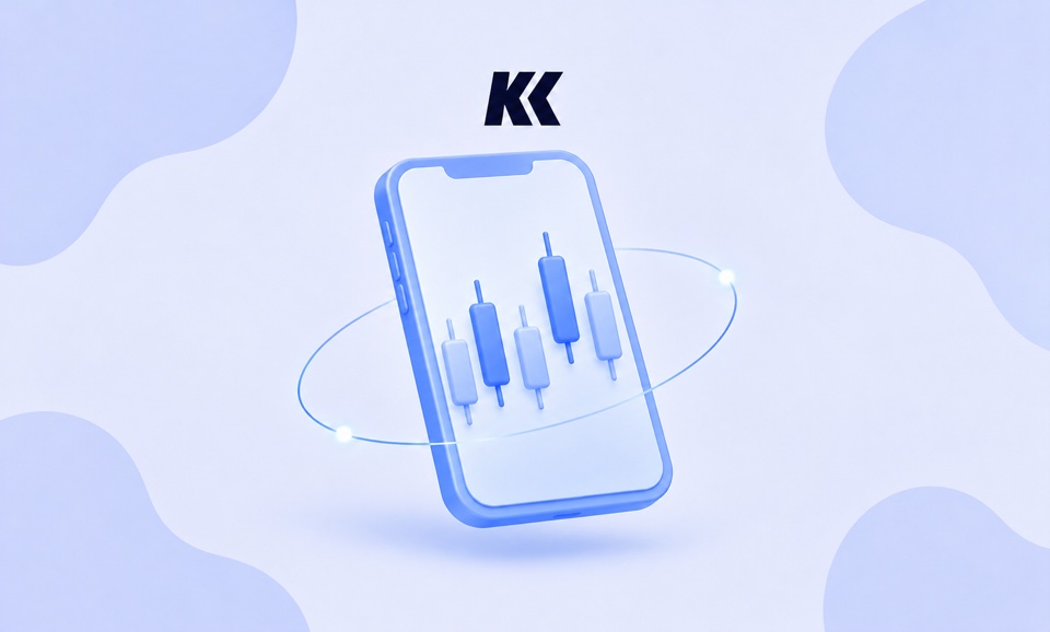 KriptoKロゴの下に、抽象的なローソク足チャートを表示した青いスマートフォン。