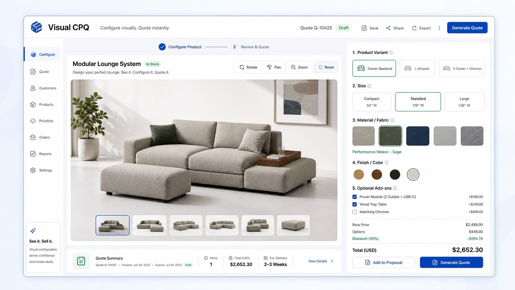 Visual CPQ interface combining real-time 3D product rendering with dynamic pricing panel and configuration options