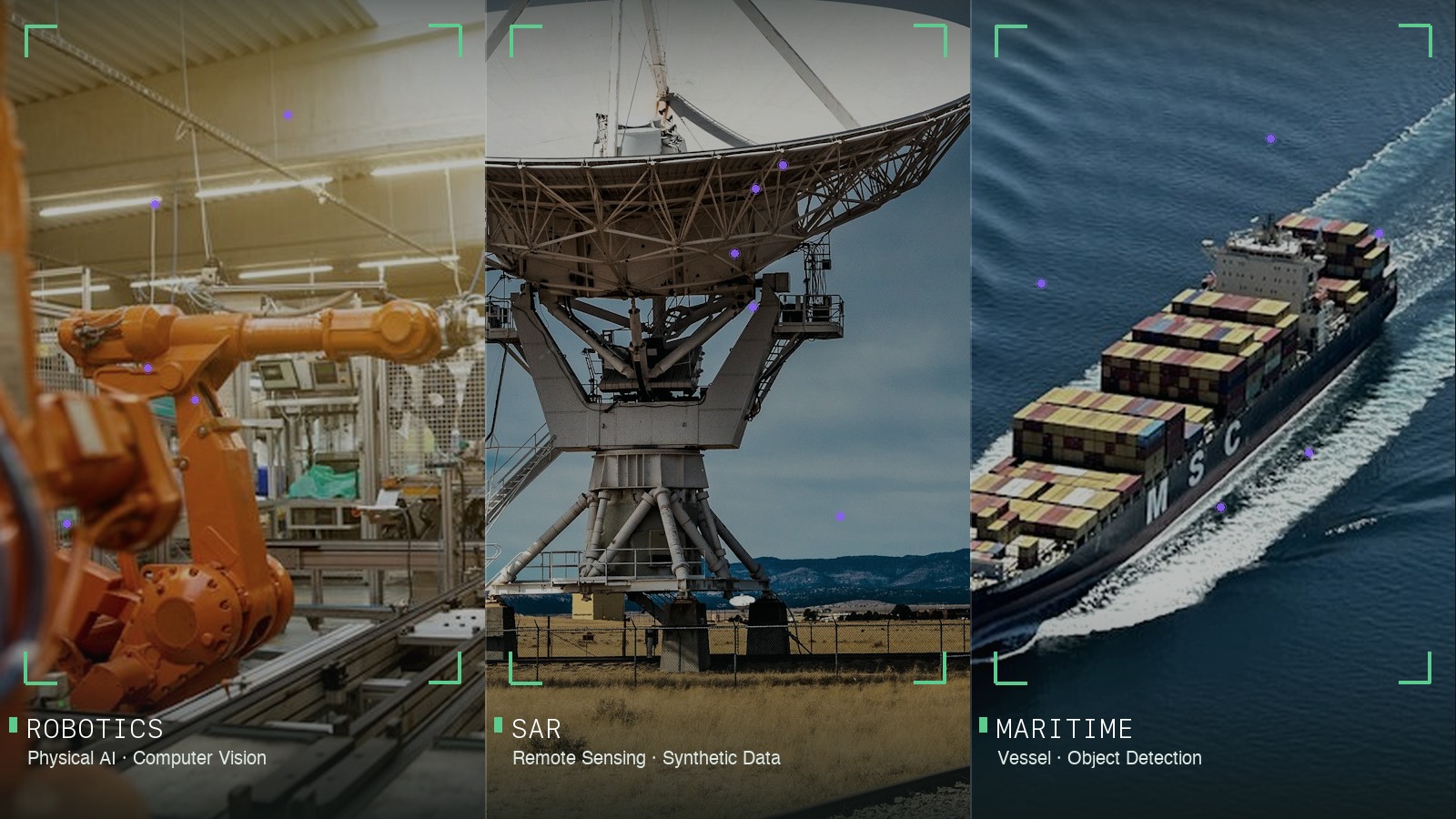 Three-panel detection view of robotics, SAR radar, and maritime vessel scenes with computer vision bounding boxes and keypoints