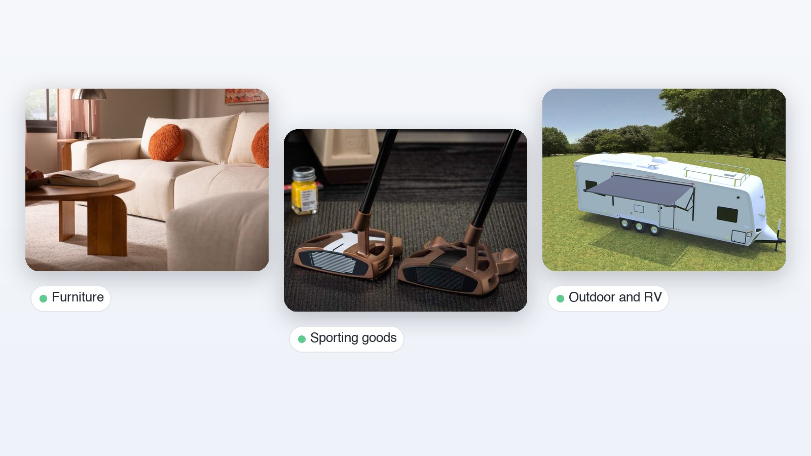 Three product configurator examples: a sectional sofa, custom golf putters and an RV awning builder