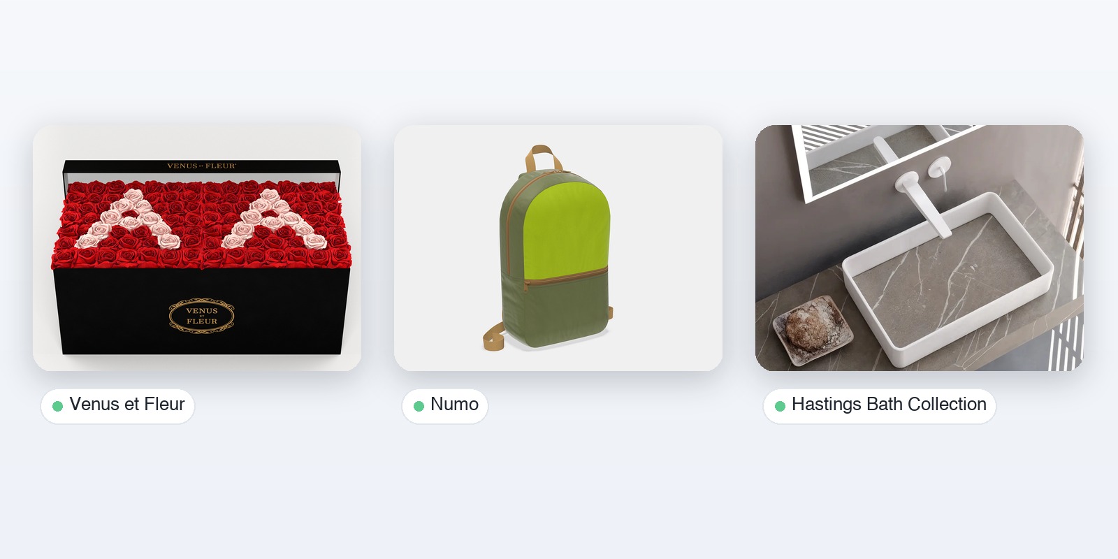 Configurator examples from smaller brands: Venus et Fleur flower box, a Numo promotional backpack and a Hastings bath vanity