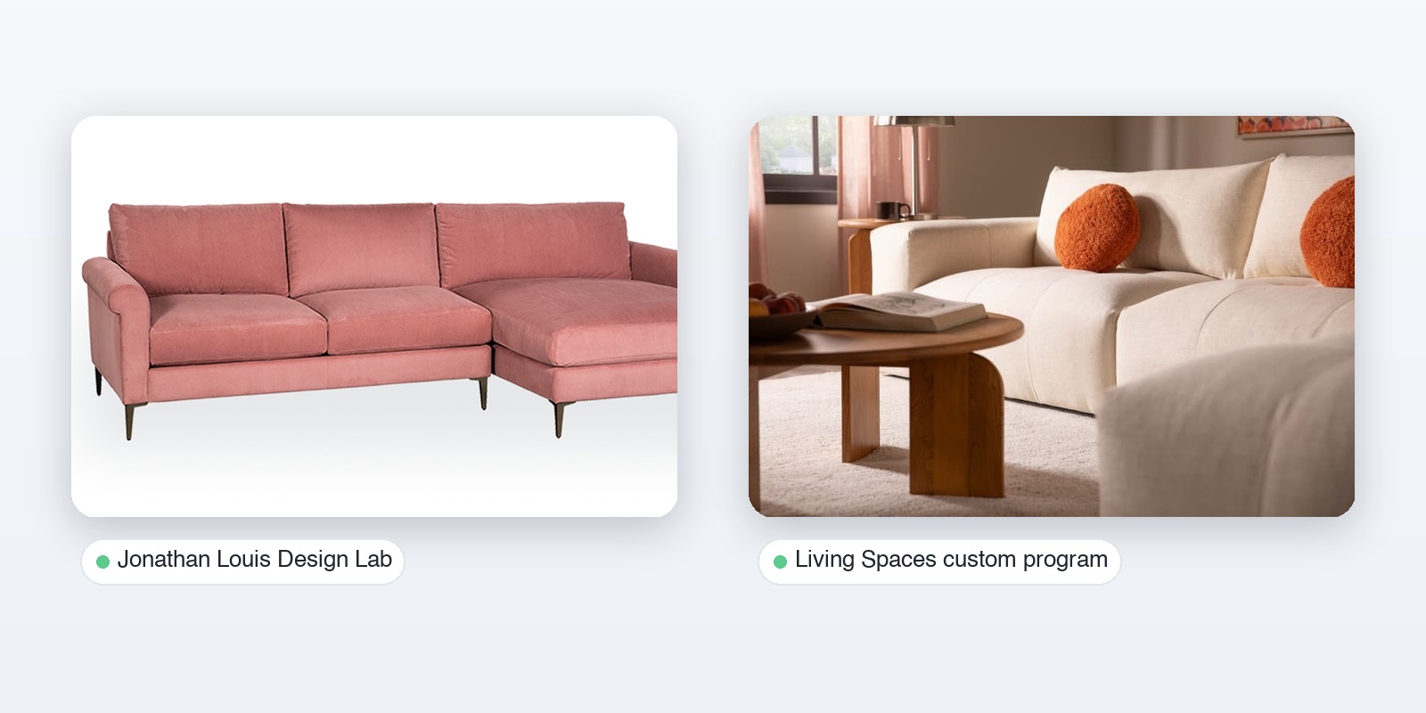 Furniture configurator examples: the Jonathan Louis Design Lab sectional and a Living Spaces custom sofa