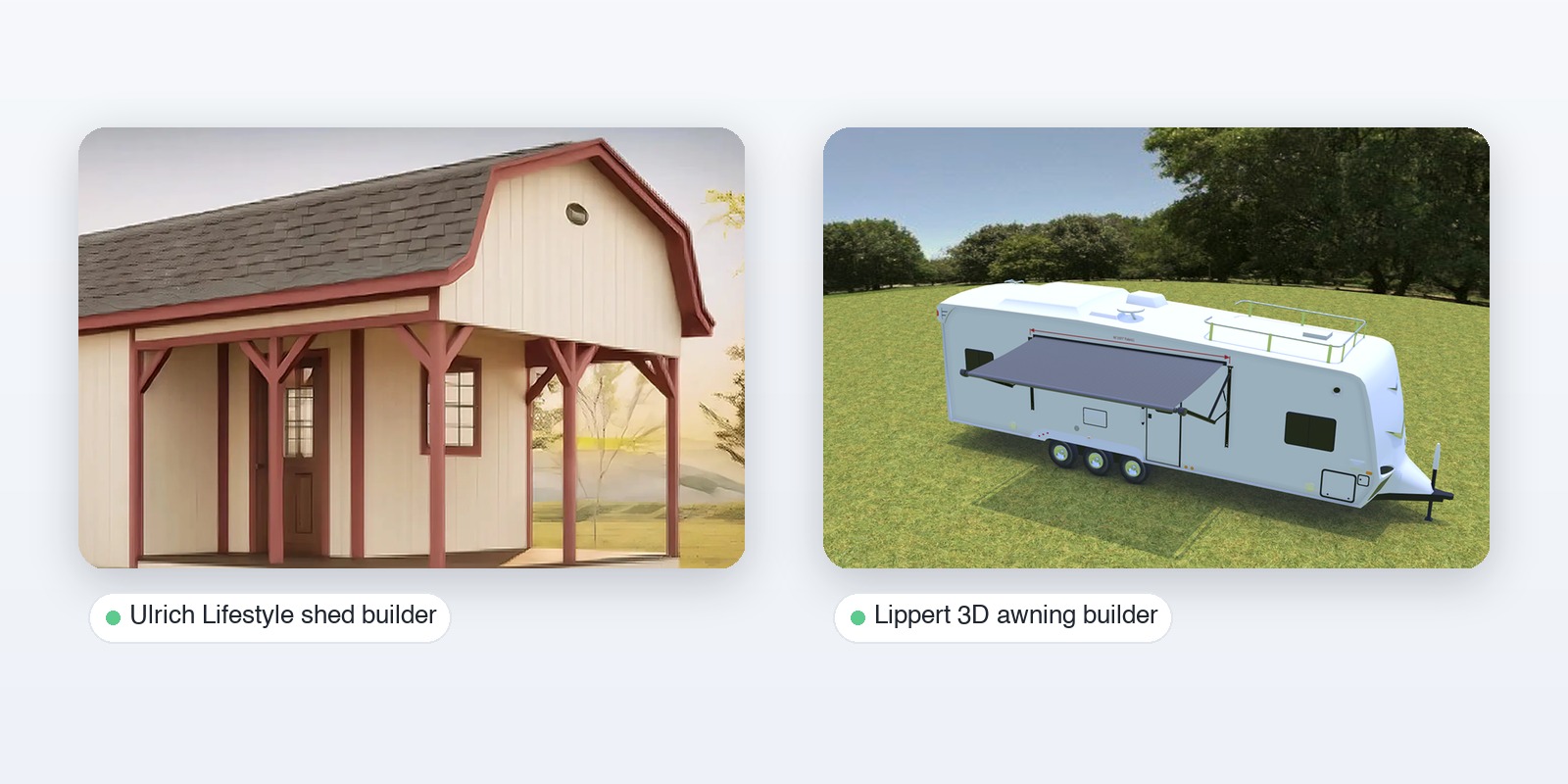 Rules-driven configurator examples: an Ulrich Lifestyle shed builder and a Lippert 3D awning builder for an RV