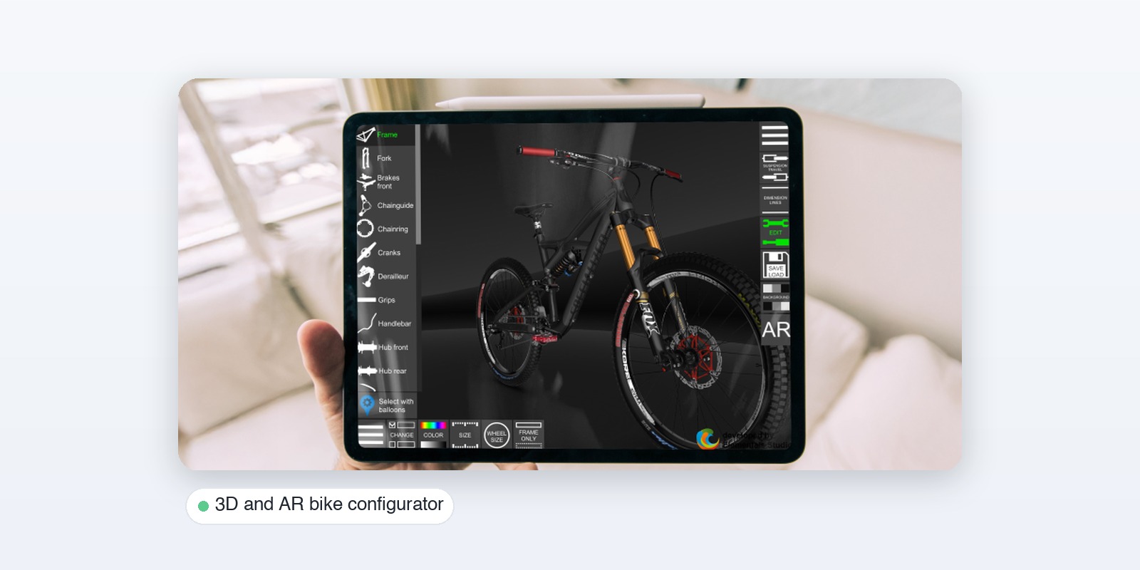 A 3D and AR bike configurator shown on a tablet with part and color options