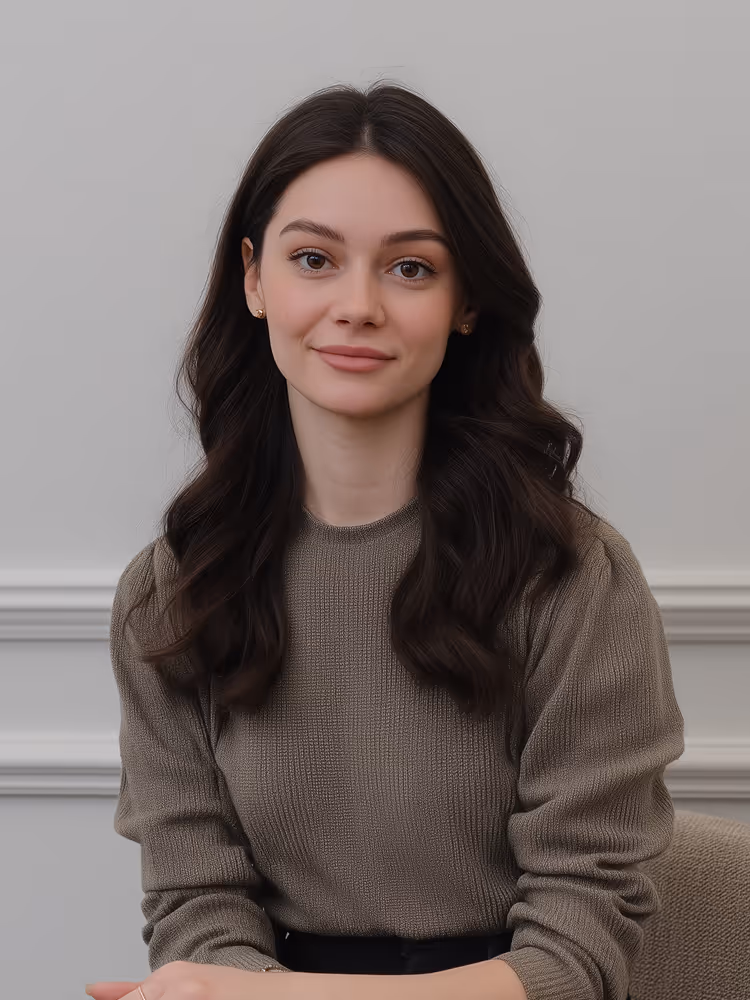 Young woman with long dark wavy hair wearing a brown knitted sweater sitting against a light gray wall.