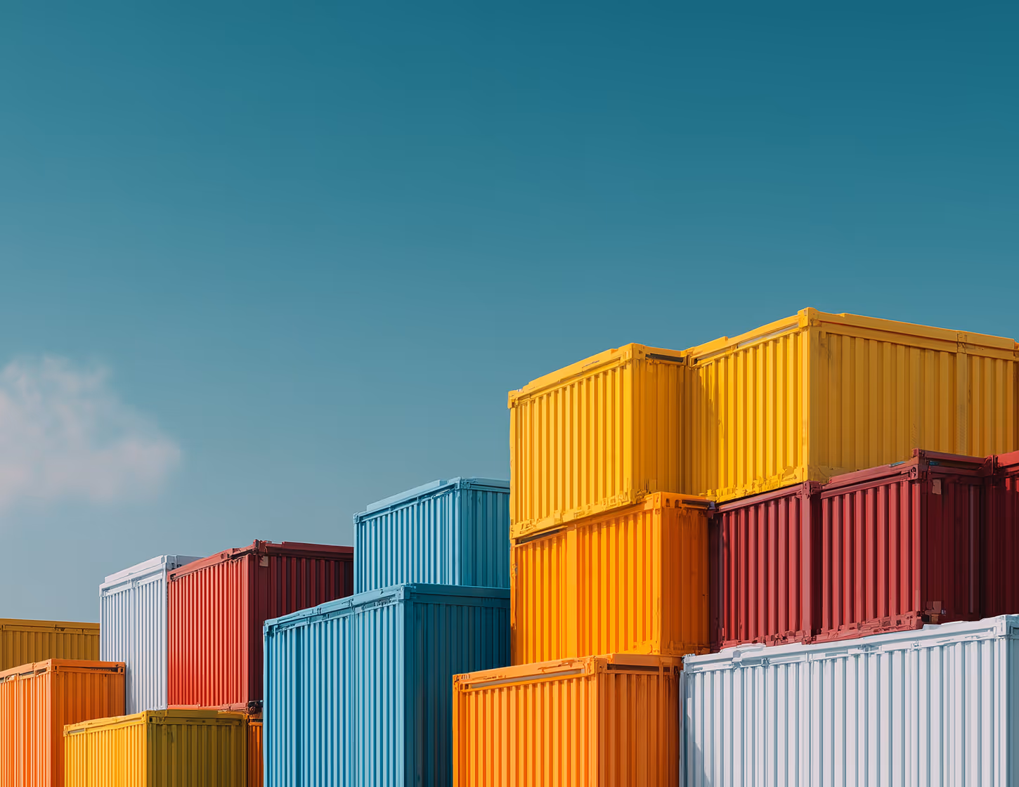Stacked colorful shipping containers under a clear blue sky.