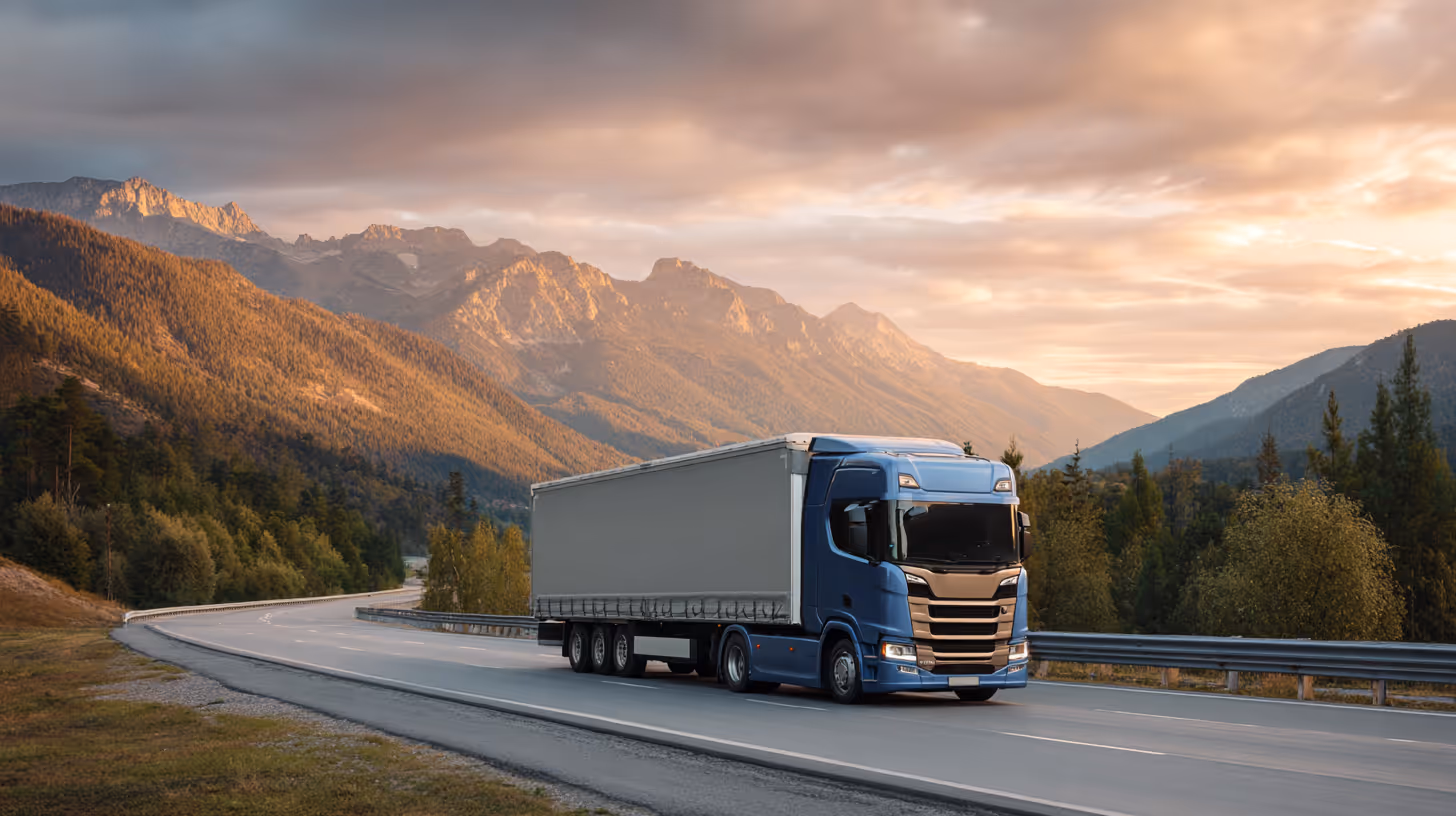 Blue semi-truck driving on a highway with forested mountains and a cloudy sky at sunset.
