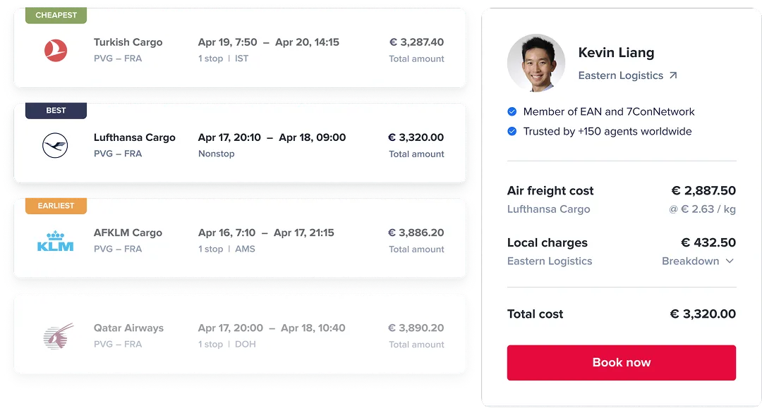 Flight options from PVG to FRA showing carriers Turkish Cargo, Lufthansa Cargo, AFKLM Cargo, and Qatar Airways with prices and dates; booking summary with agent Kevin Liang and total cost €3,320.