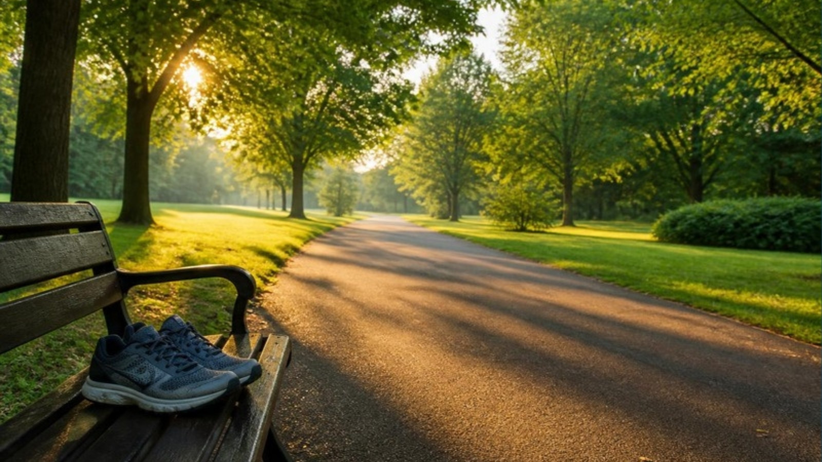 A quiet park path in golden morning light with walking shoes on a bench
