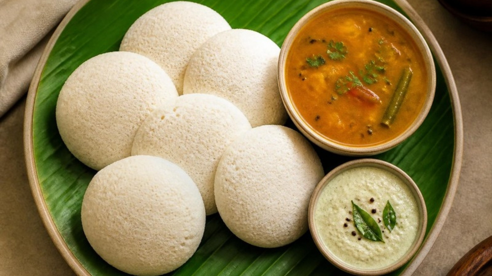 Idli served with sambar and coconut chutney on a banana leaf