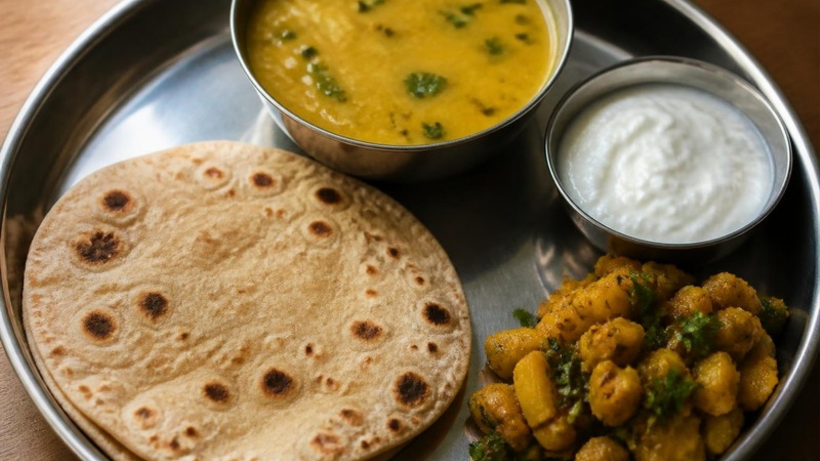 Roti with dal, curd and sabzi on a steel plate