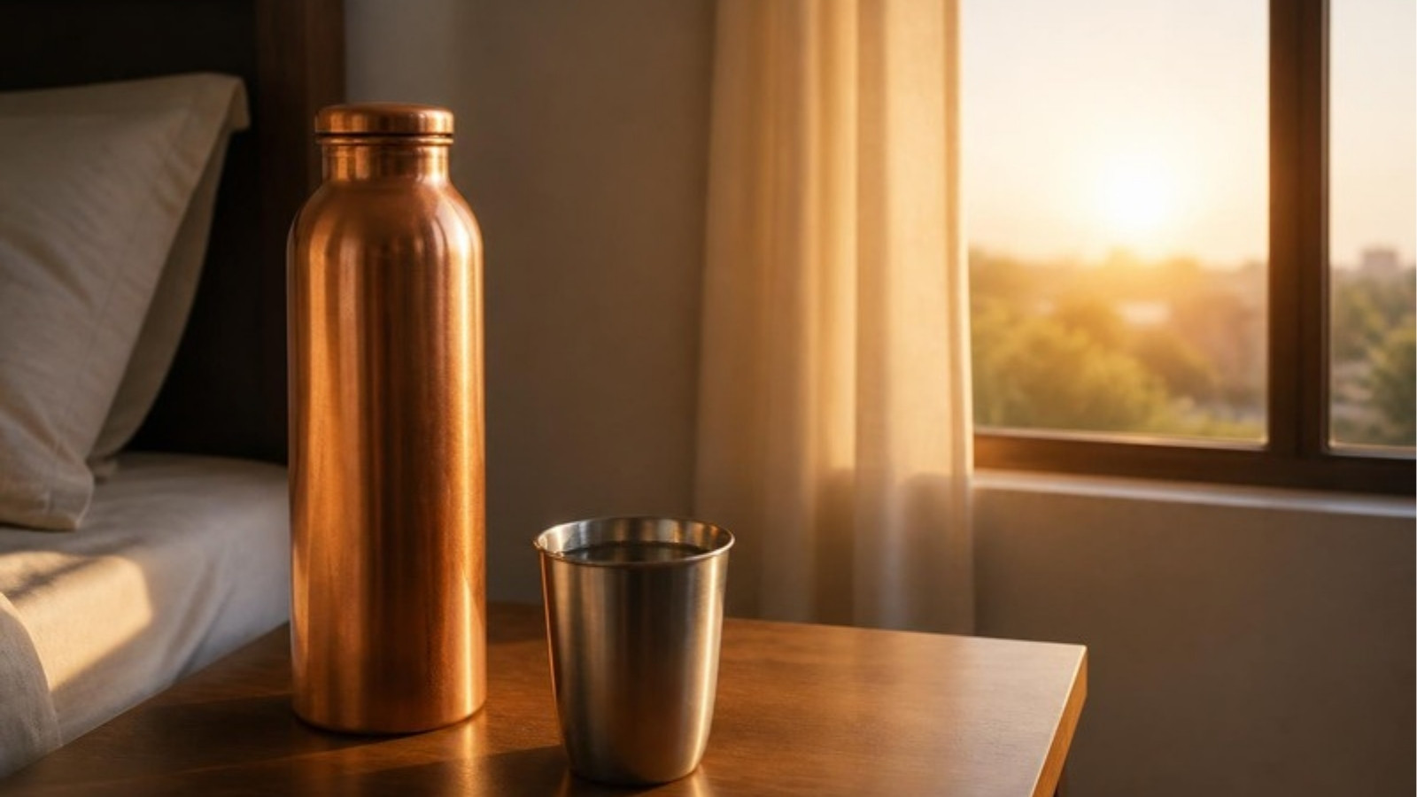 A copper bottle and steel glass of water on a bedside table at sunrise