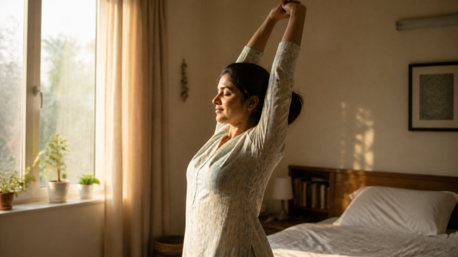 Woman stretching her arms overhead beside a sunlit window