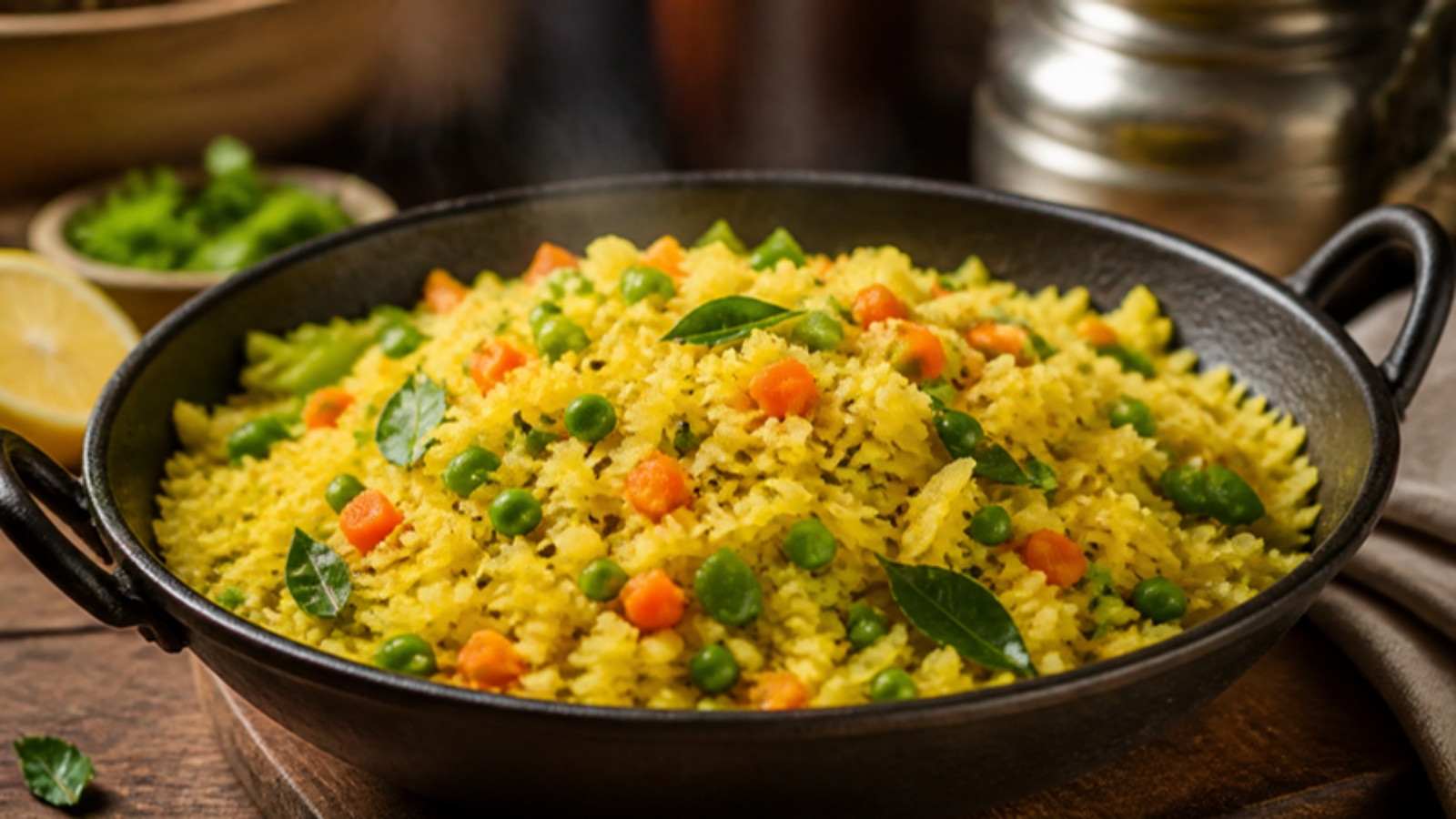 Vegetable poha with carrots and peas in a kadai