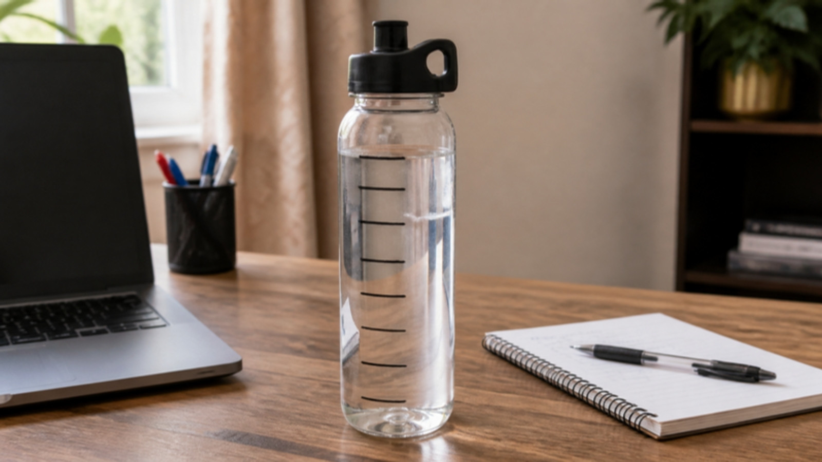 Clear water bottle with hand-drawn tick marks on a desk
