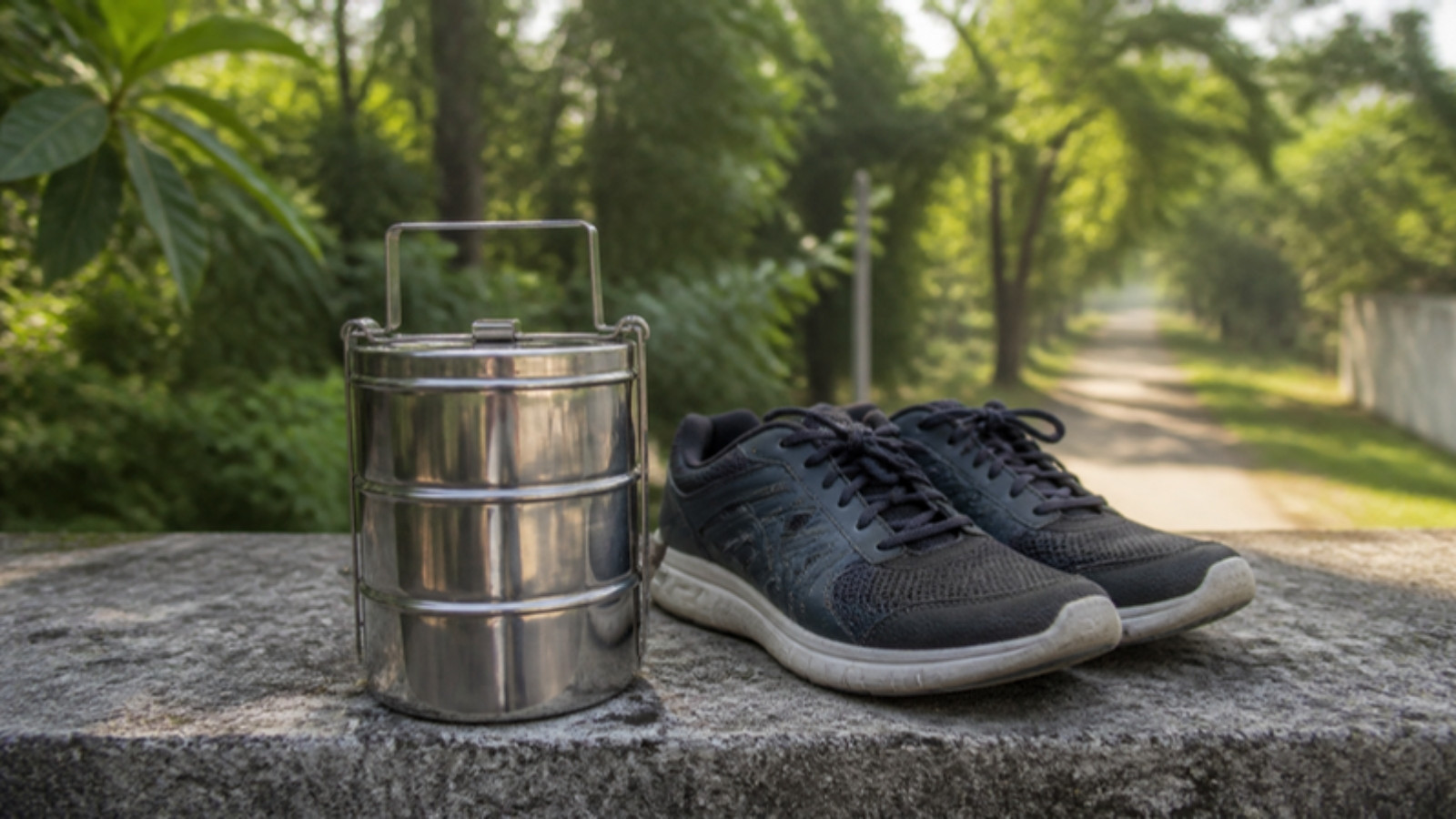 Steel tiffin and sneakers on a terrace ledge