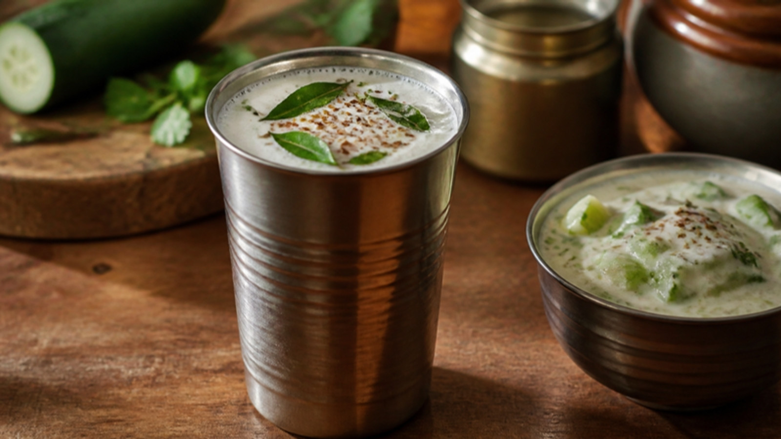 Steel glass of chaas with a bowl of raita