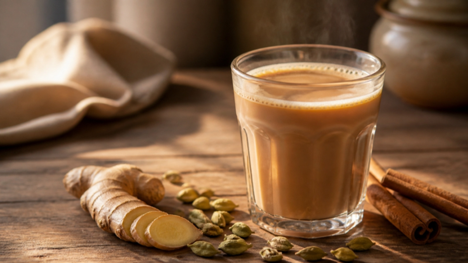 Glass of masala chai with ginger, cardamom and cinnamon