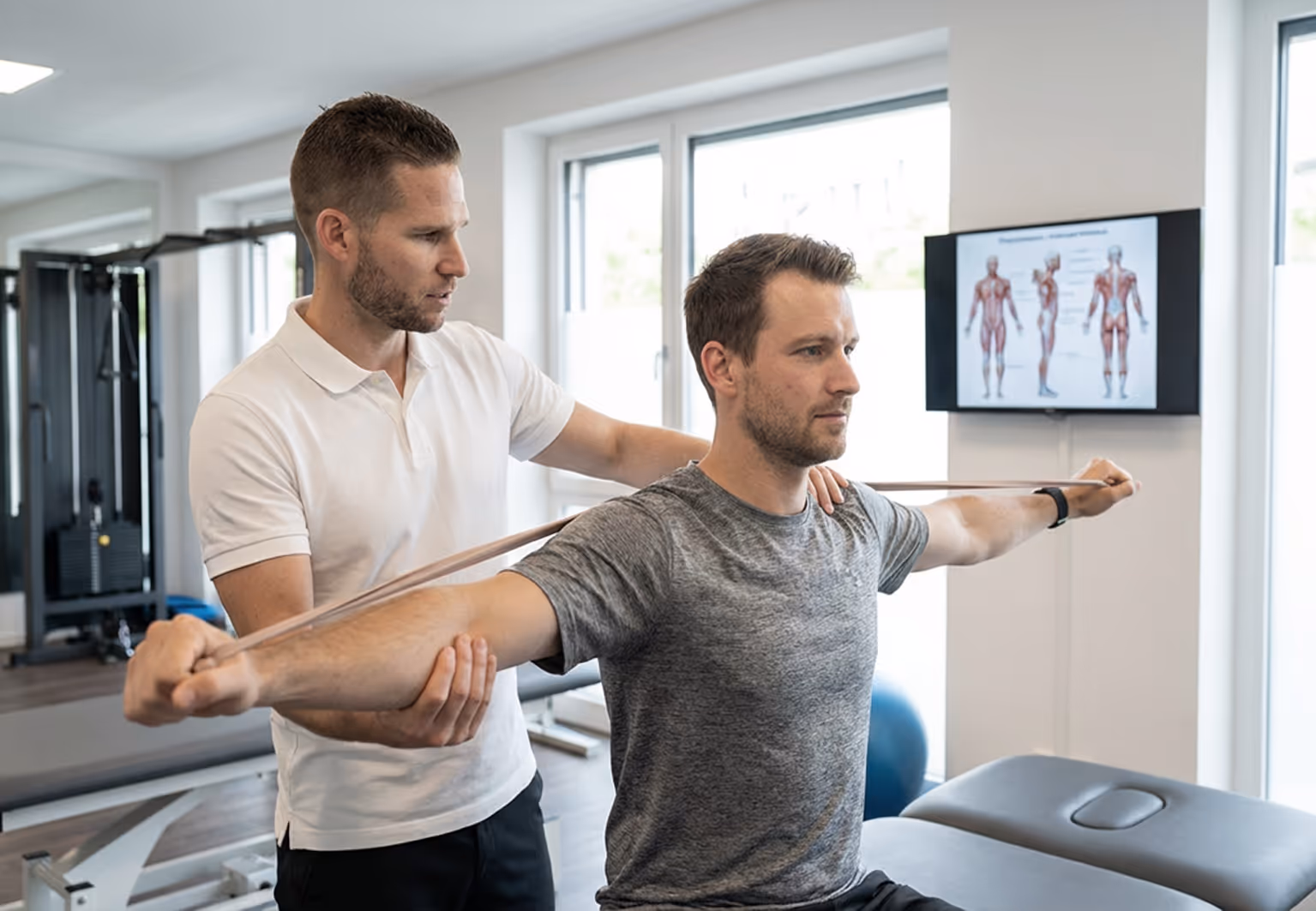 Physical therapist assists man stretching arms with a resistance band in a bright therapy room.