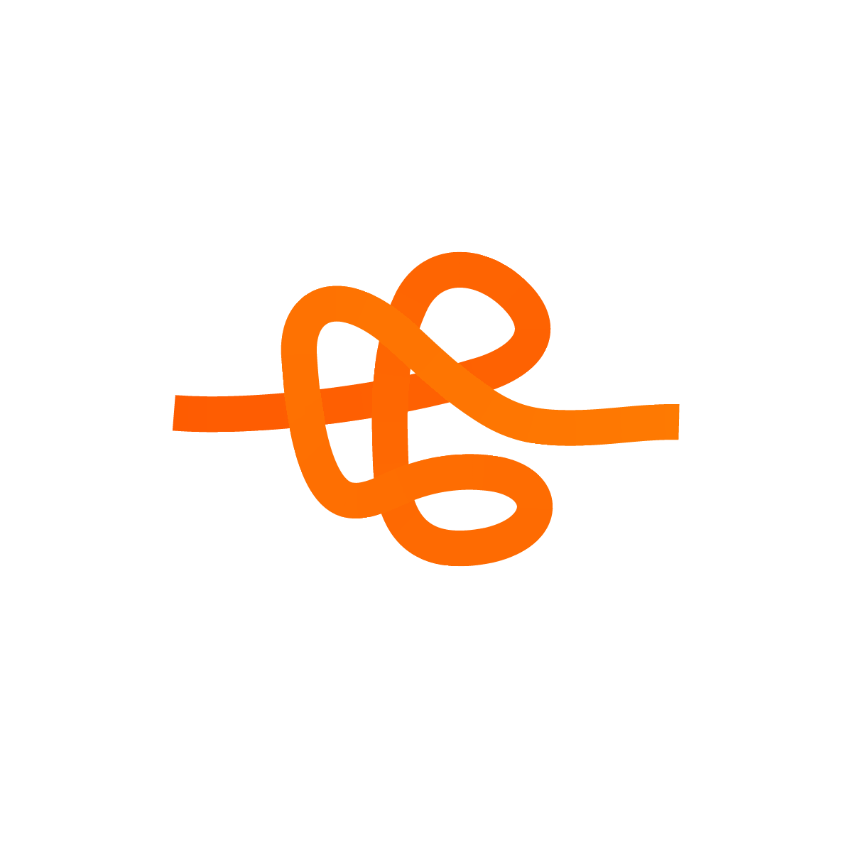 Thick, orange, abstract curving line forming a loose knot on a white background.