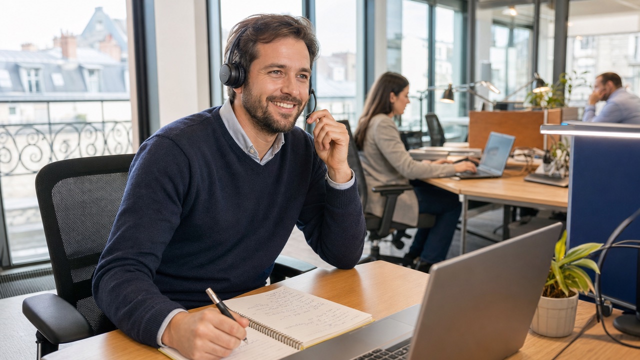 Un commercial passe un appel de prospection avec un casque