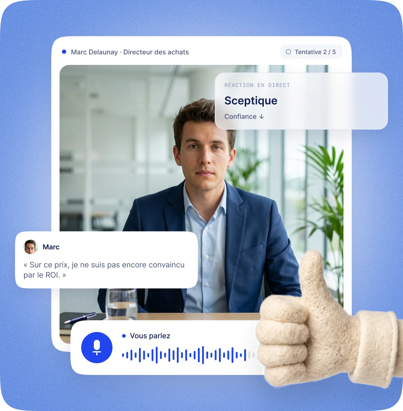 Roleplay IA Face Up : conversation vocale avec un directeur des achats virtuel qui réagit en direct