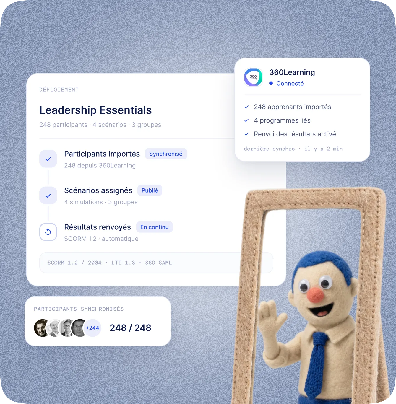 Face Up connecté à 360Learning : participants importés, scénarios assignés et résultats renvoyés au LMS
