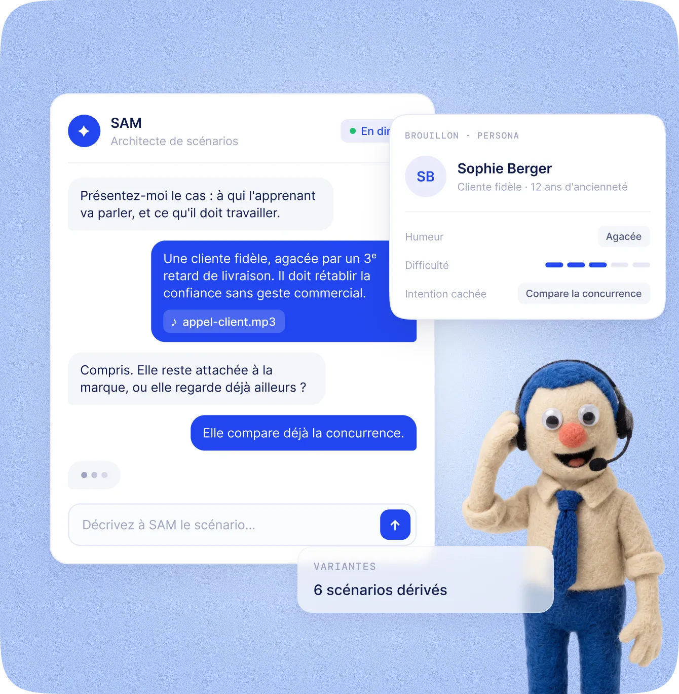 Studio Face Up : le formateur décrit un cas réel à SAM, qui construit le persona client de la simulation