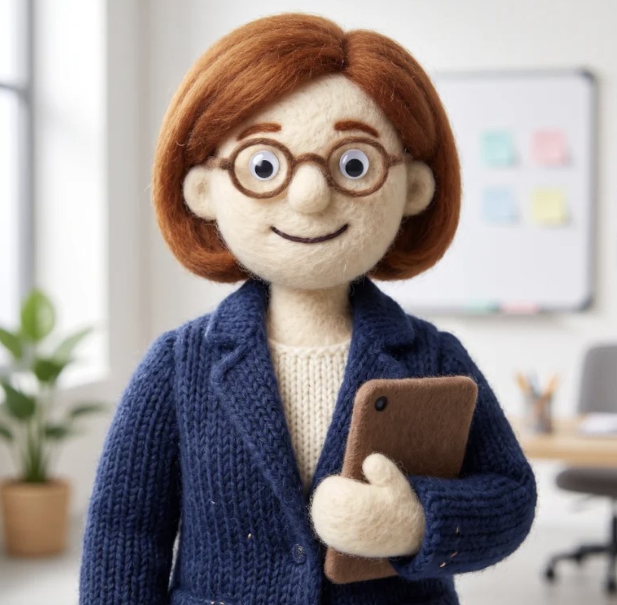 Felt puppet of a training and HR manager holding a tablet in an office