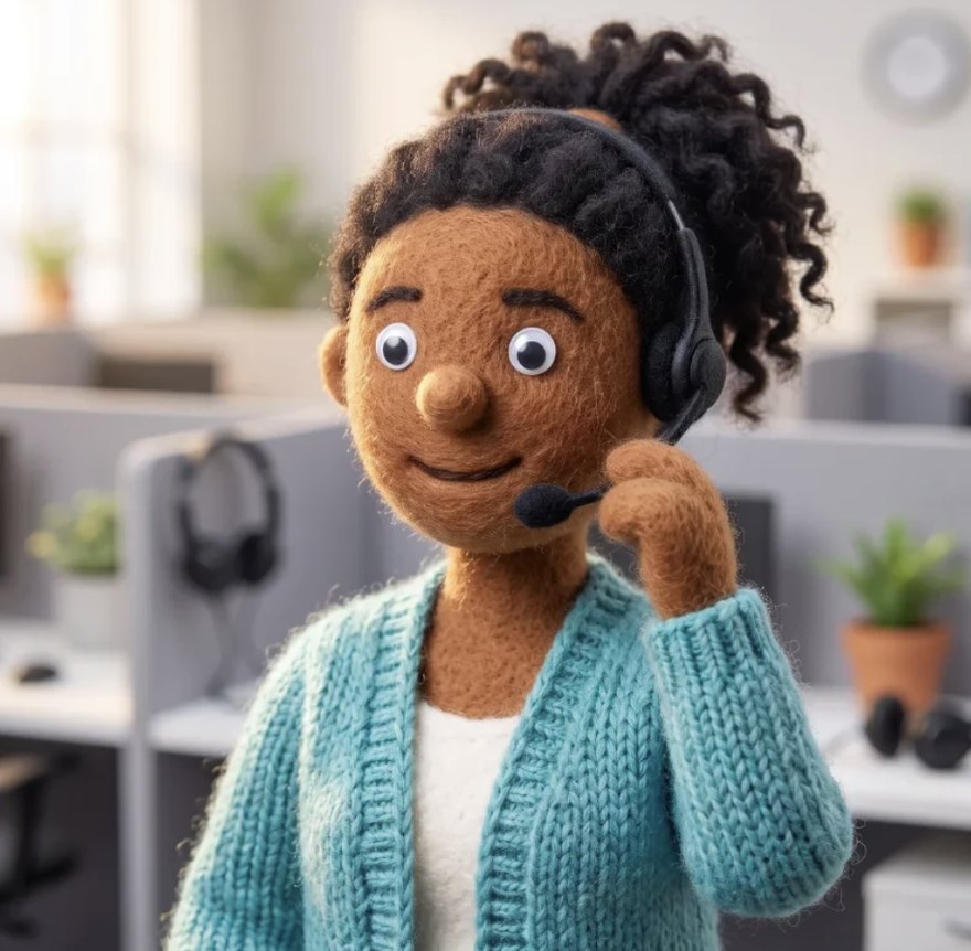 Felt puppet of a customer service agent wearing a headset in a contact centre